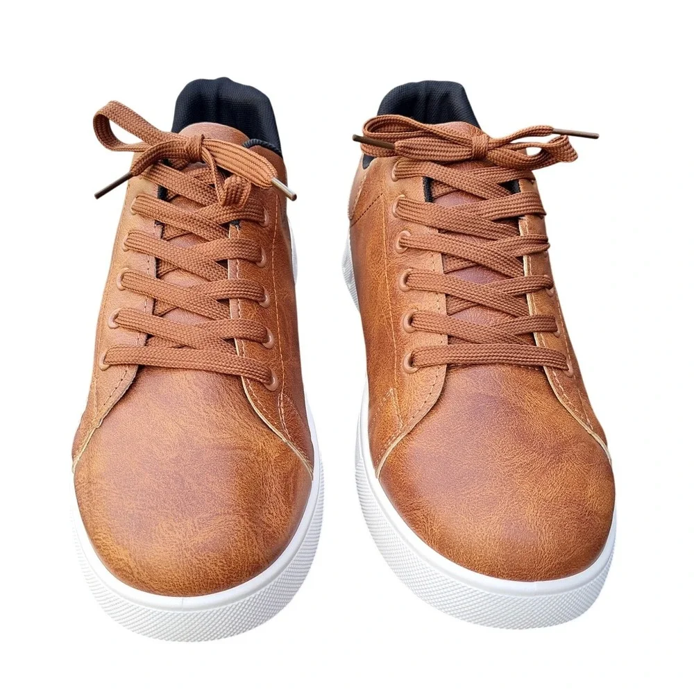 Mañalun Mens‎ Brown Faux Leather Low Top Sneakers Lace Up Casual Shoes EU46